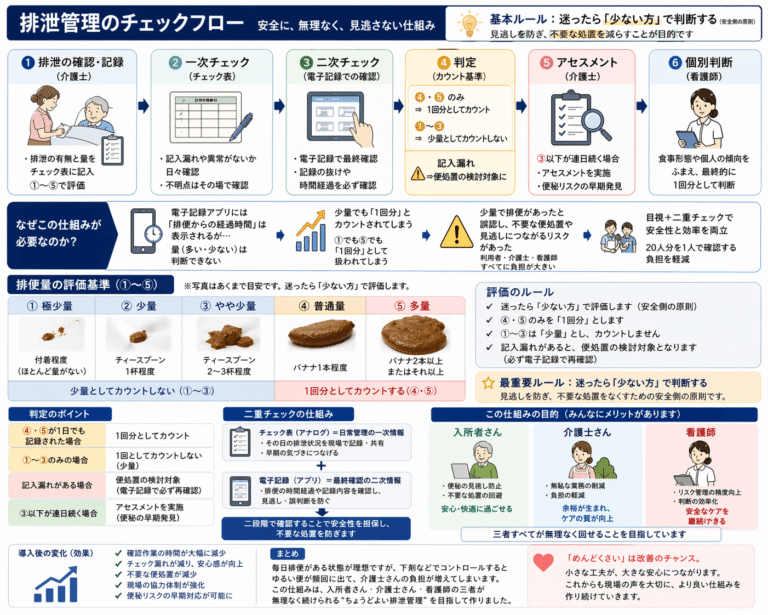 【介護×排泄管理の改善】便秘の見逃しを防ぐ仕組み化|チェック表と5段階評価で業務を効率化 | なんとなくなんとかなるナース